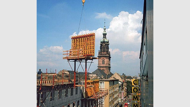 <p>In 1973, the world&amp;#39;s first climbing scaffold increases the safety and work speed at the jobsite. The bold design rationalizes the construction of high-rises enormously because formwork and scaffolding can be moved in one crane lift.</p><br/>
